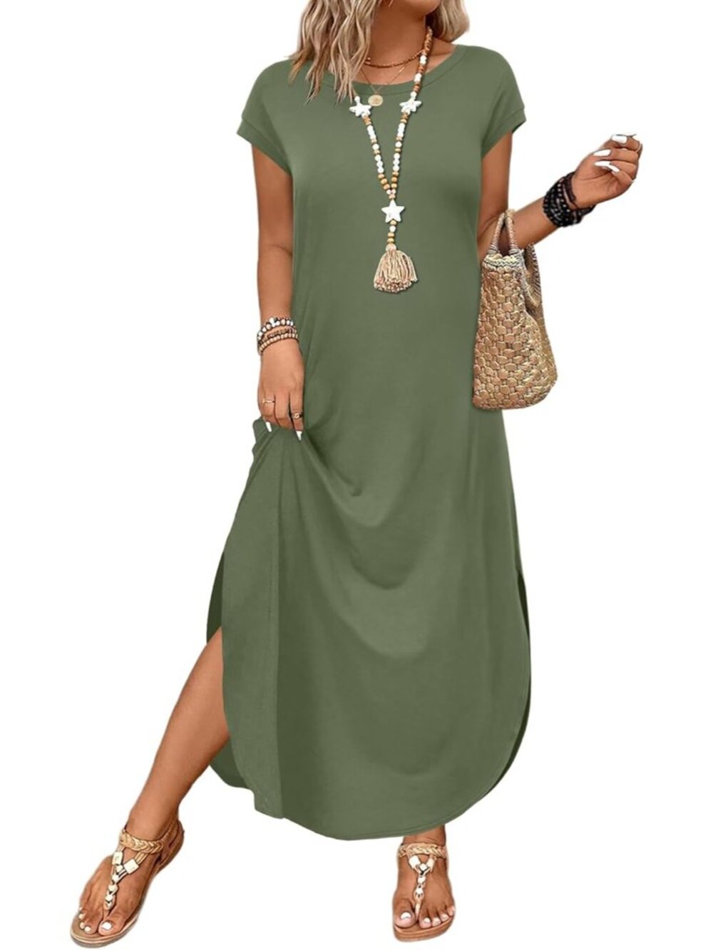 Women's Army Green Cap Sleeve Crewneck Casual Long Summer Pull On Maxi Dress - Picture 2 of 5